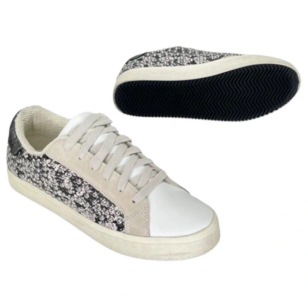 AQUA Womens Sneakers 10M Tess Grey Snake Print Leather Silver Studded